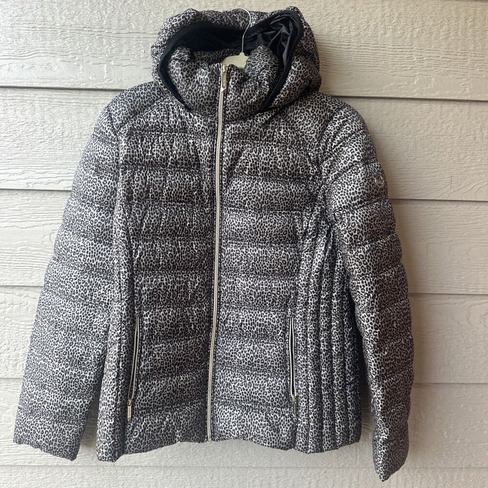 Michael Kors Gray Black Leopard Print Packable Down Puffer Jacket Coat Size M